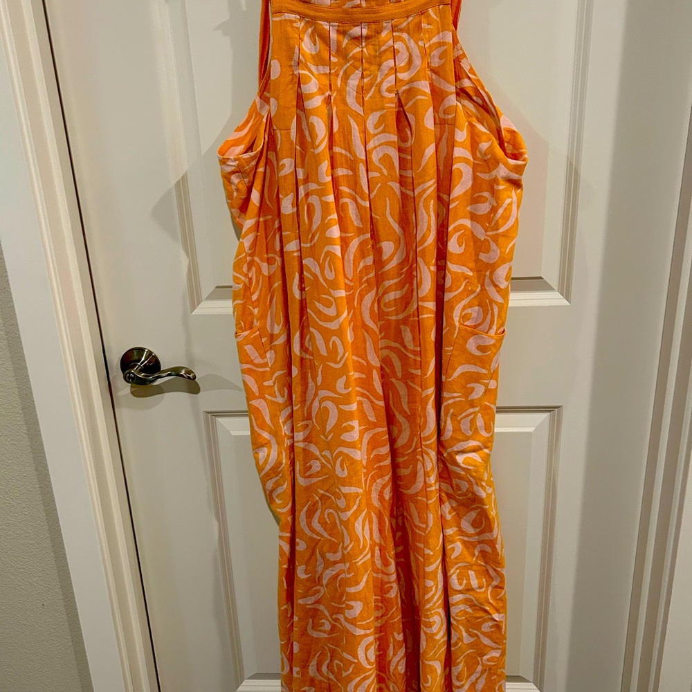 Women’s romper, cotton and linen blend. Orange and cream color. Large